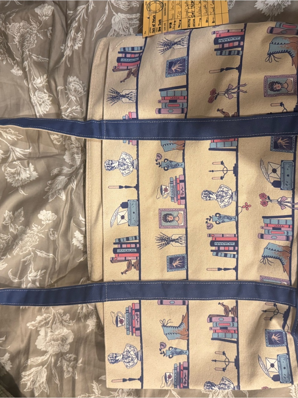 Canvas Book-Print Tote Bag in Cream and Blue